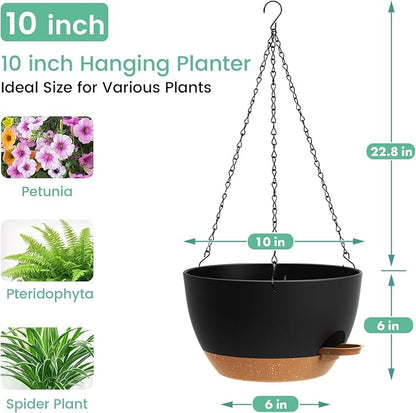 UOUZ Set of 3-10 Inch Self Watering Hanging Planters for Indoor Outdoor，Hanging Plant Pots with Drainage & Removable Tray, Hanging Pots Holder for Ivy, Pothos, Ferns, Balcony & Patio, Black with Brown