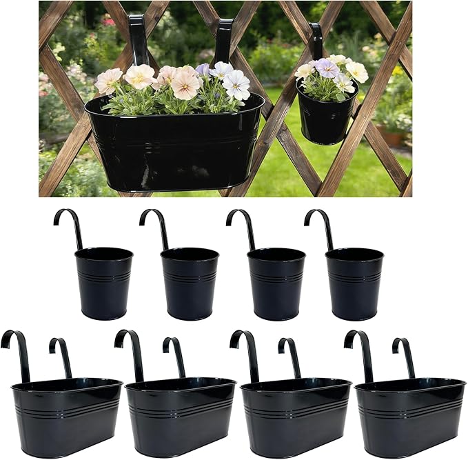 Pack of 8 Metal Hanging Planters for Outdoor Plants, 4 Pcs 4" Round Railing Planter & 4 Pcs 10" Oval Fence Flower Pots for Balcony Garden Decor, Black