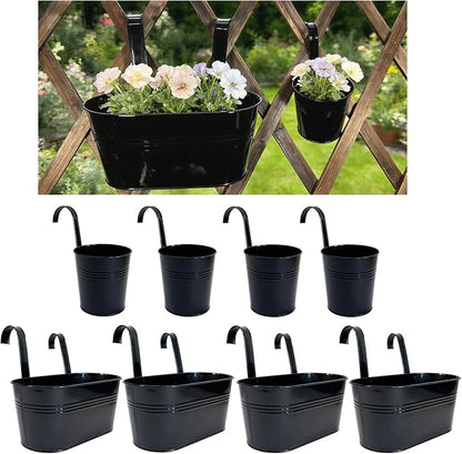 Pack of 8 Metal Hanging Planters for Outdoor Plants, 4 Pcs 4" Round Railing Planter & 4 Pcs 10" Oval Fence Flower Pots for Balcony Garden Decor, Black