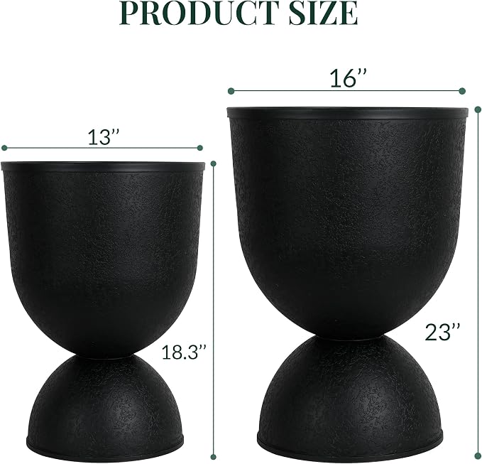 KOL Planters Flower Pots, Large Plastic Urn Planters for Indoor Outdoor Plants, Black Pedestal Planter 2 Pack, 18 Inch+23 Inch, Tall Decorative Planters with Drainage Holes & Plugs for Porch Garden