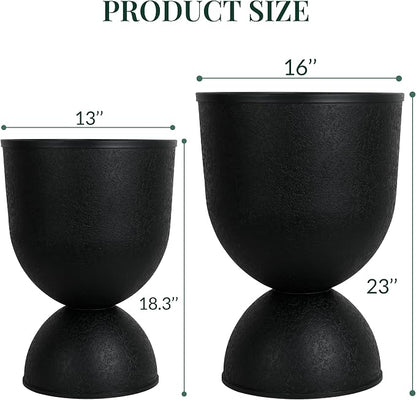 KOL Planters Flower Pots, Large Plastic Urn Planters for Indoor Outdoor Plants, Black Pedestal Planter 2 Pack, 18 Inch+23 Inch, Tall Decorative Planters with Drainage Holes & Plugs for Porch Garden