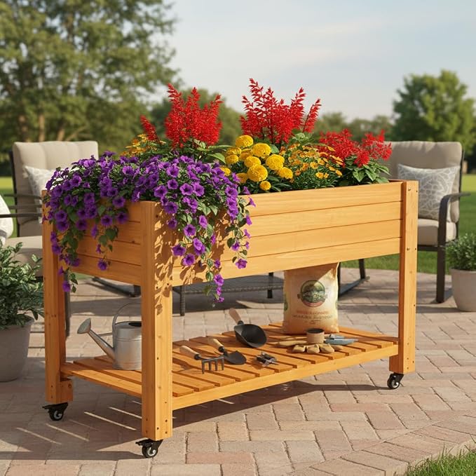 FORTUNO Raised Garden Bed with Wheels 48"x24"x33" Large Wood Planter Box with Legs Outdoor Mobile Wooden Elevated Raised Beds for Vegetable Flower, Standing Gardening Box with Liner for Patio, Deck