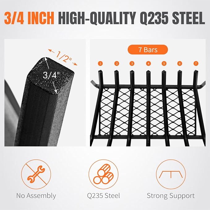 INNO STAGE Fireplace Grates with Ember Retainer - 24 Inch Fireplace Log Grate, Wood Stove Grate, Firewood Wood Log Holder Rack,Inside Wrought Cast Iron Fire Grate for Hearth Indoor Outdoor Camping