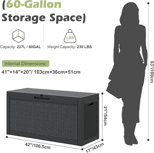 Outdoor Storage Box, 60 Gallon Resin Deck Boxes Outdoor Waterproof For Patio Furniture, Garden Tools, Pool Supplies, Lockable And UV Resistant (Rattan Black)