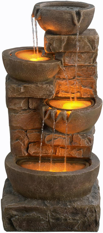 Teamson Home 33.27" Cascading Bowls & Stacked Stones LED Water Fountain for Outdoor Living Spaces, Brown | LED Lights, Cascading Bowls & Stacked Stones, Polyresin, For Patio, Garden, Balcony, Lawn, Yard