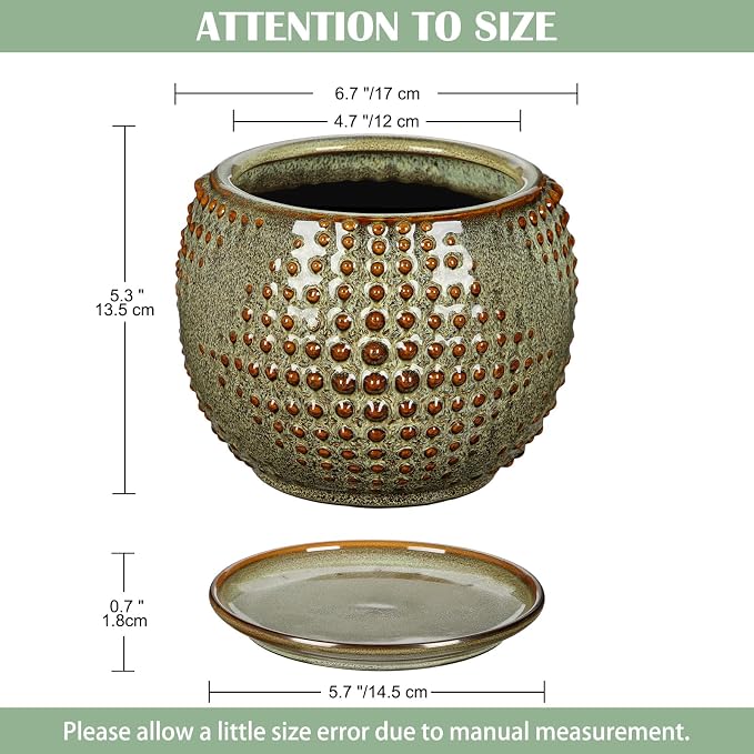 Oairse Ceramic Pot for Indoor Plants, 7 inch Plant Pot with Drainage Hole and Saucer Decorative Brown Planter with Saucer Indoor Outdoor Flower Pots for Succulent Snake Plant Pothos Orchid