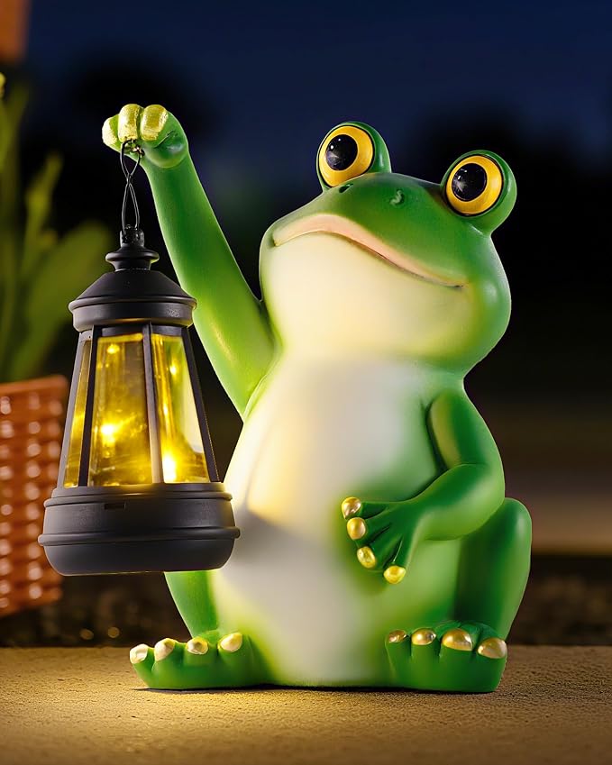 Vuees Solar Frog Garden Statue Light, Outdoor Waterproof Decorative Lantern Figurine, Cute Yard Art for Garden Patio Pond Balcony Porch Decor, Housewarming & Gardening Gifts for Women Grandma Mom | Hand-painted resin, dusk sensor, flower bed or pond ac...