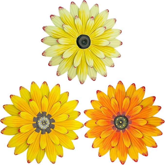 LWINGFLYER 3 Pack Metal Flower Wall Decor - 8" 3D Rustic Modern Daisy Flowers Outdoor Indoor Metal Wall Art Hanging Sculptures for Farmhouse Bathroom Kitchen Living Room Garden Patio