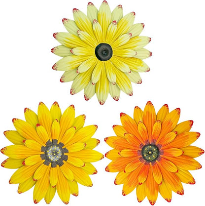 LWINGFLYER 3 Pack Metal Flower Wall Decor - 8" 3D Rustic Modern Daisy Flowers Outdoor Indoor Metal Wall Art Hanging Sculptures for Farmhouse Bathroom Kitchen Living Room Garden Patio