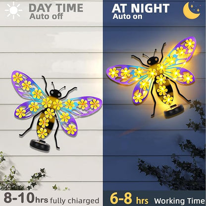 2 Pack Metal Bee Outdoor Wall Decor with 30 Led Solar Lights- 13.8" Outdoor Fence Wall Art Decor, Gift for Mom Grandma Women Birthday Gardening,Hanging Decoration for Garden Patio Porch Yard