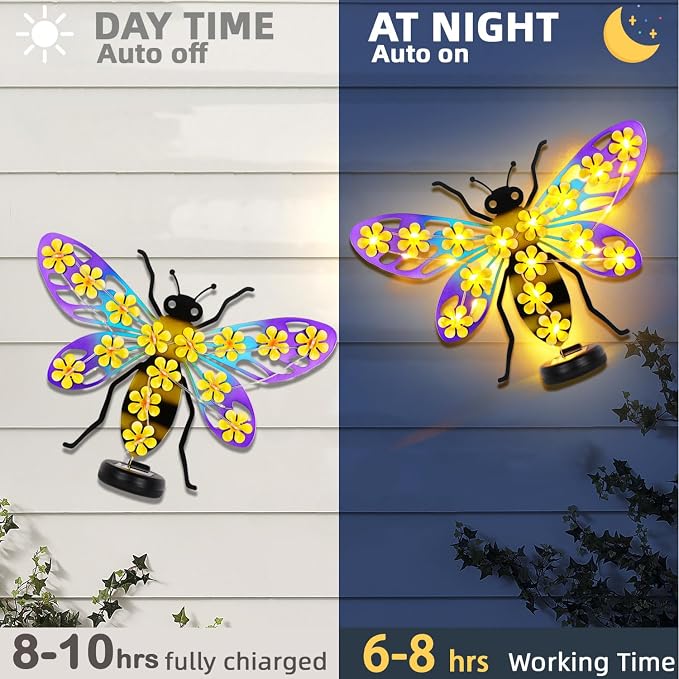 Metal Bee Outdoor Wall Decor with 30 Led Solar Lights- 13.8" Outdoor Fence Wall Art Decor, Gift for Mom Grandma Women Birthday Gardening,Hanging Decoration for Garden Patio Porch Yard