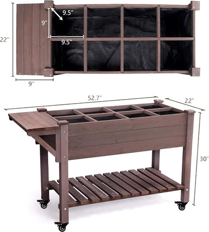 Aivituvin 52.7x22x30in Raised Garden Bed, Elevated Wood Planter Box Stand with Wheels for Outdoor Gardening, Liner Included, 230lbs Capacity