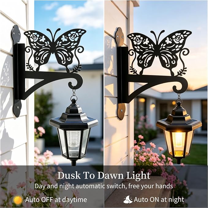 VOOKRY Solar Wall Lanterns Outdoor, Waterproof 2 Pack Hanging Lights with Butterfly Hooks, Wall Mount Sconce with 3 Solar Panels for Patio Porch Yard Garden Decor, Dusk to Dawn 2700K Warm White