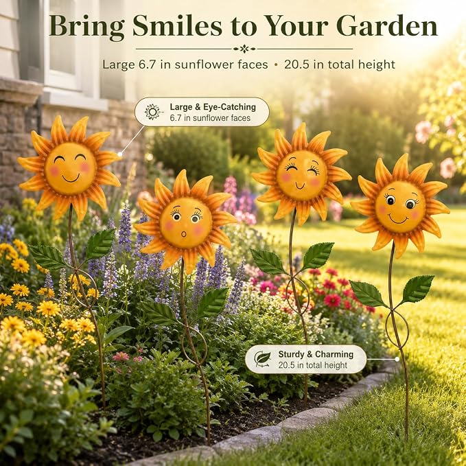 4 Pack Smiley Sunflower Decorative Garden Stakes, 20.5 Inch Metal Flower Garden Stakes for Outside, Yard Art Outdoor Decor for Lawn Planter Porch Patio
