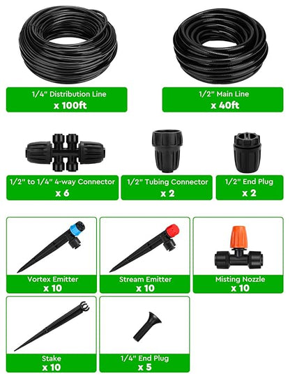 Drip Irrigation System, 40FT 1/2" Mainline & 100FT 1/4" Tubing, with Adjustable Drip Emitters Misting Sprinkler, Efficient Sprinkler System Kit for Flower Bed, Raised Bed, Greenhouse, Lawn