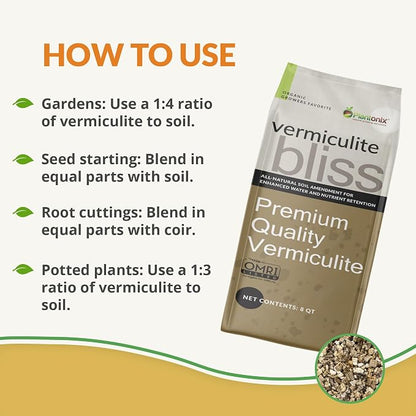 Vermiculite Bliss (8 Qts) - Organic Vermiculite for Gardening - 100% Natural Soil Amendment - Coarse Vermiculite for Plants, Potting Soil, & Seed Starting - Mixes with Garden Soil & Perlite for Plants