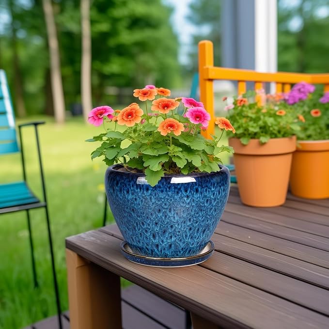 Unijoy Ceramic Plant Pots Indoor Planter - 6 8 10 inch Flower Pot Set with Drainage & Saucer - Large Outdoor Decor for Round Succulent Small Cactus Modern Style - Gift for Plant Lovers