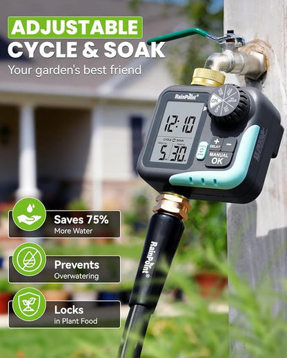RAINPOINT Sprinkler Timer for Garden Hose - Hose Timer with Cycle & Soak/Rain Delay/Automatic Watering/Manual Watering, Programmable Irrigation System with Large Display, Brass Inlet & Outlet