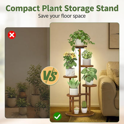 LASZOLA 5 Tiered Wood Plant Stand Indoor Corner with Grow Light, Flower Holder Rack Tall for Multiple Plants, Rustic Planter Shelf Display for Patio Garden Balcony Living Room， Brown