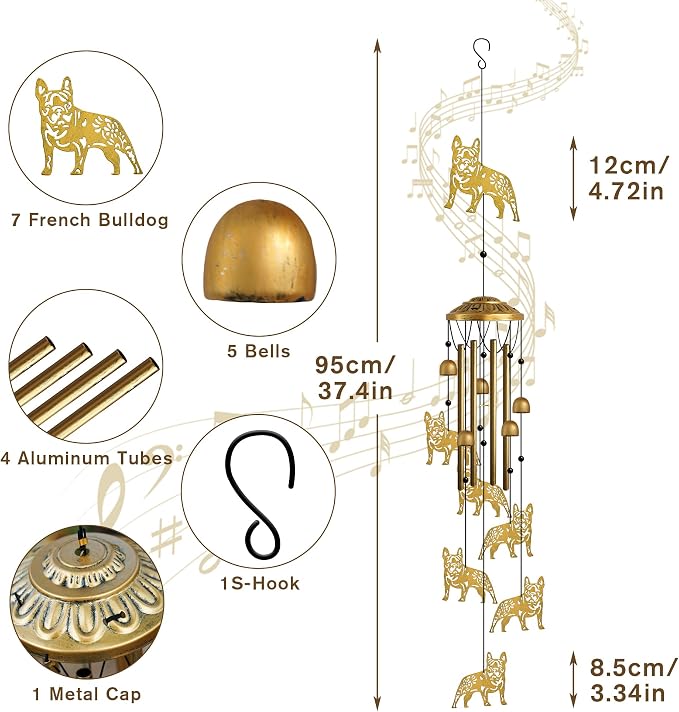Wind Chimes Outdoor, French Bulldog Tube with S Hook Chime Garden Decor | Housewarming & Mother’s Day Gifts for Women Mom, Outdoor Metal Bulldog Wind Chimes, Decor for Patio Porch Backyard Garden