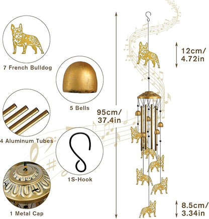 Wind Chimes Outdoor, French Bulldog Tube with S Hook Chime Garden Decor | Housewarming & Mother’s Day Gifts for Women Mom, Outdoor Metal Bulldog Wind Chimes, Decor for Patio Porch Backyard Garden