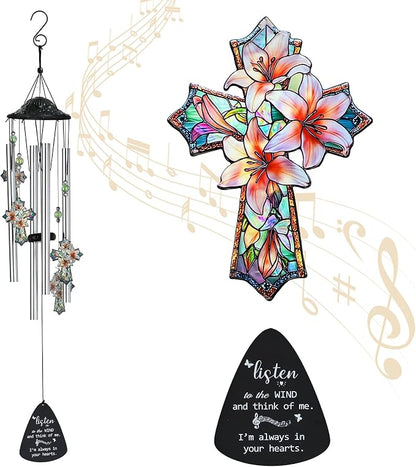 YU FENG Cross Memorial Wind Chime, Lily Flower Crystal Suncatcher | 34 Inch Outdoor Metal Chime, Religious Sympathy Gift, Remembrance Decor For Loss Of Loved One, Garden Patio Hanging