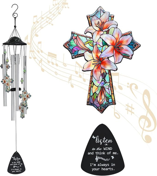 YU FENG Cross Memorial Wind Chime, Lily Flower Crystal Suncatcher | 34 Inch Outdoor Metal Chime, Religious Sympathy Gift, Remembrance Decor For Loss Of Loved One, Garden Patio Hanging