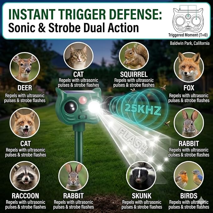 4PCS Solar Animal Repellent Outdoor, Ultrasonic Cat Repeller Outdoor&Deer Repellent Device, Rabbit Squirrel Raccoon Repellent with Motion Sensor LED Lights for Garden Yard