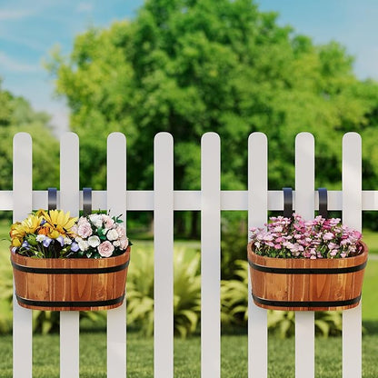 2-Pack Wooden Railing Planters, Hanging Flower Pots with Detachable Hooks for Balcony, Fence, Deck, Garden & Country Home Decor, Brown