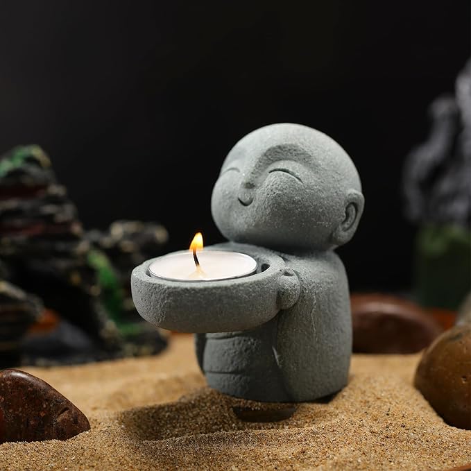 Landical Buddha Sandstone Statues, Zen Monk Praying Statue Sculptures Ornament for Wealth Good Luck Feng Shui Decor Home Office Car Decoration(Jizo Monk)