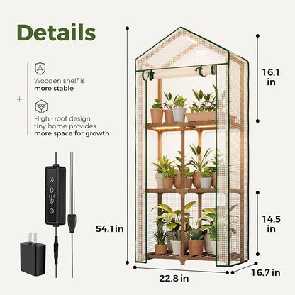 Bamworld Mini Greenhouse with Grow Light Plant Stand for Mutiple Pots Outdoor 3-Tier Portable Greenhouses with Durable PE Cover for Seedling Ideal Gardening Gifts for Women Men