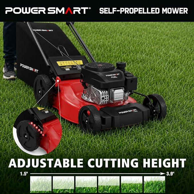 PowerSmart 21" Gas Self-Propelled Lawn Mower for Hills & Medium Yards | 170cc OHV | 3-in-1 Mulching/Bagging/Discharge | 6-Position Height | Alloy Steel Deck | Easy Start | Rear-Wheel Drive