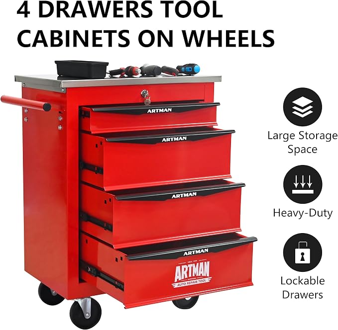 KEIKI 4 Drawers Tool Cart on Wheels,Multifunctional Rolling Tool Chest Tool Storage,Drawers Rolling Tool Trolley Organizer Tool Case for Garage, Warehouse, Workshop, Repair Shop (Red)