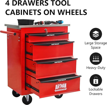 KEIKI 4 Drawers Tool Cart on Wheels,Multifunctional Rolling Tool Chest Tool Storage,Drawers Rolling Tool Trolley Organizer Tool Case for Garage, Warehouse, Workshop, Repair Shop (Red)