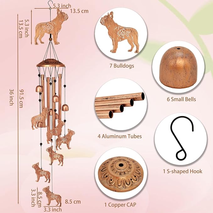 GDNSFIT Bulldog Dog Wind Chimes for Outside,Metal Windchimes,Bulldog Dog Gifts for Women/Men,Wind Chime Garden Decor Outdoor,Memorial/Housewarming/Birthday/Festival Gifts,Front Yard Decor