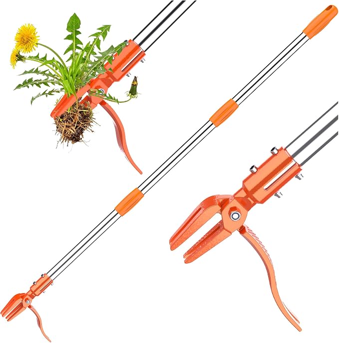 Weed Puller Tool - Stand Up Weed Remover Tool with 4-Claw Steel Head, 50" Adjustable Stainless Steel Handle Weeder Tool, Easily Remove Weeds Without Kneeling