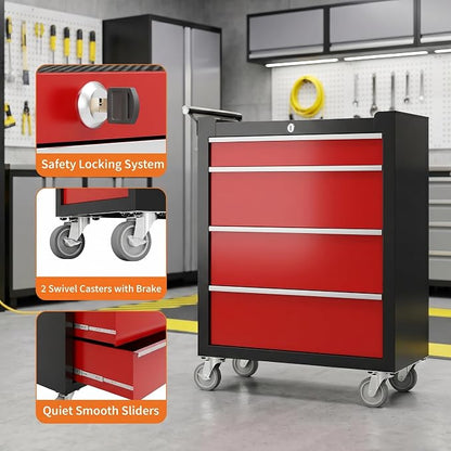 Garvee Rolling Tool Chest, 4 Drawers Tool Storage Cabinet, Toolbox with Wheels, Portable Tool Cabinet Organizer with Locking System & Drawer Liners, Tool Storage Cart for Garage, Workshop, Black＆Red