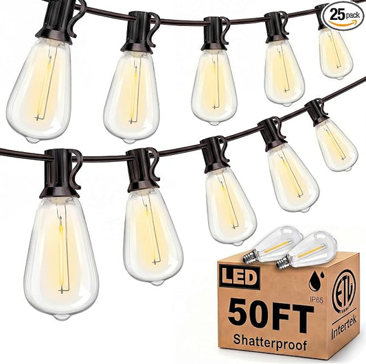 LED Outdoor String Lights 50FT Edison Lights with 27 ST38 Shatterproof Bulbs, Outside Hanging Lights Waterproof for Patio, Porch, Deck, Garden, Balcony, 2700K Warm White, Dimmable