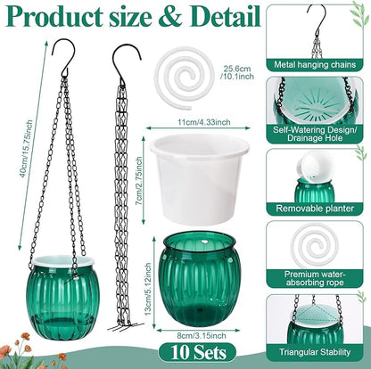 10 Pack 6.5 Inches Self Watering Hanging Planters for Indoor Outdoor Plants Bulk with Metal Hanging Chain and Hook, Self Watering Hangings Pots for Garden Home (Green)