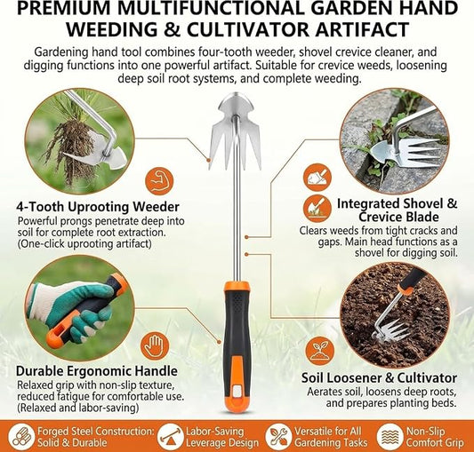 Manganese Steel Hand Weeder, Heavy-Duty 4-Tooth Gardening Tool for Tough Weeds & Soil Loosening, Ergonomic Non-Slip Grip for Garden Beds & Vegetable Plots (red)