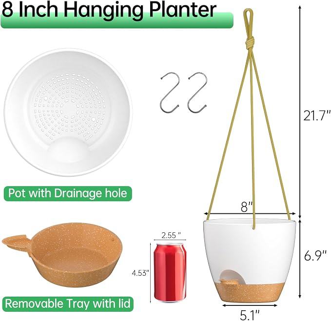 ZMTECH 8 Inch Hanging Planters for Indoor Outdoor Plants, 2 Pack Self Watering Hanging Plant Pots with Drainage Holes and Removable Saucer, Plastic Flower Hanging Pots with Watering Lip (White)