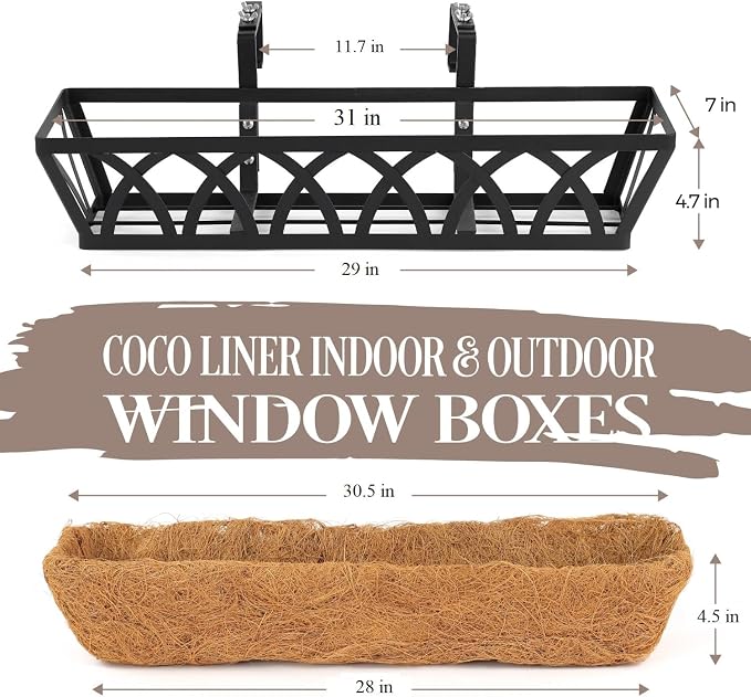4 Pack 32IN Window Box Railing with Adjustable Brackets, Hanging Flower Planter Basket with Coco Liner for Outdoor Balcony Porch Fence Patio (Black)