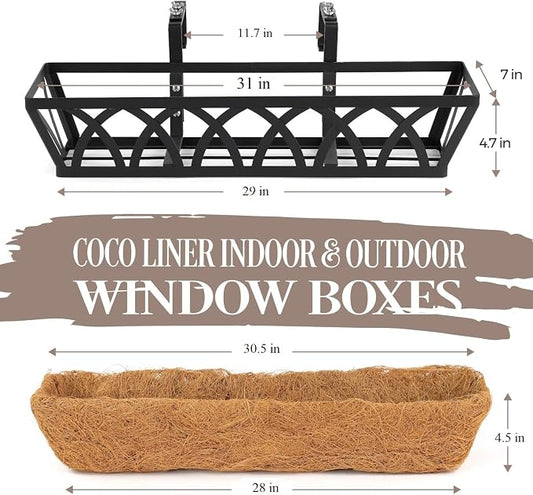 4 Pack 32IN Window Box Railing with Adjustable Brackets, Hanging Flower Planter Basket with Coco Liner for Outdoor Balcony Porch Fence Patio (Black)