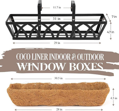 2 Pack 32IN Window Box Railing with Adjustable Brackets, Hanging Flower Planter Basket with Coco Liner for Outdoor Balcony Porch Fence Patio (Black)