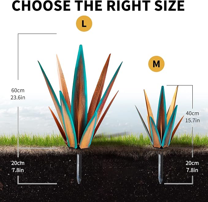 KODIBO Large Tequila Rustic Sculpture, Agave Plants for Outdoor Patio, Home Decor Hand Painted Metal Garden Statue, Lawn Ornaments Yard Stakes (Blue - L)
