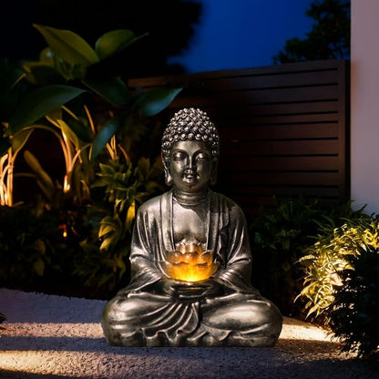 Buddha Lotus Statue with Solar Lights, Resin LED Figurine for Garden Decor – Unique Gift for Women and Friends(Copper Buddha)