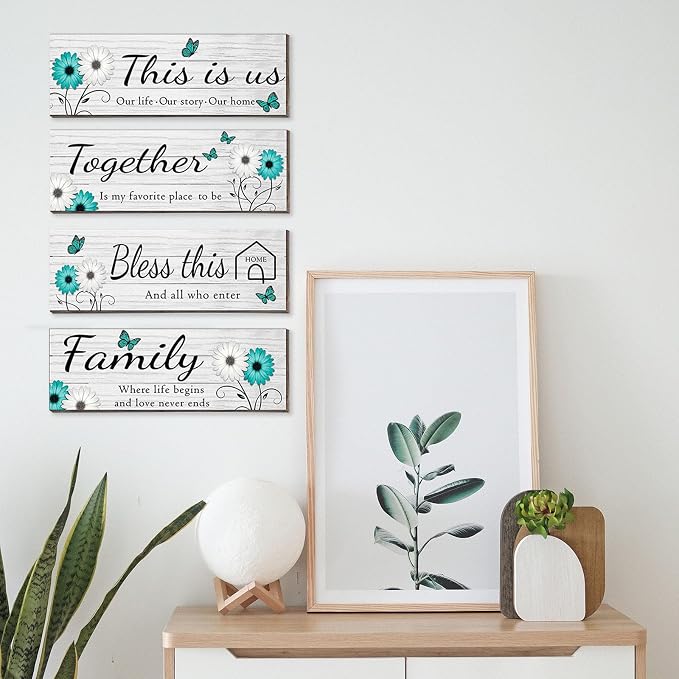 4 Pcs White Farmhouse Wall Decor with Teal Butterflies & Daisies, Rustic Wooden Signs Set, Floral Wall Art for Living Room Bedroom, Housewarming Gift, 4.7" x 13.8"