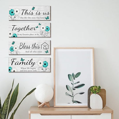 4 Pcs White Farmhouse Wall Decor with Teal Butterflies & Daisies, Rustic Wooden Signs Set, Floral Wall Art for Living Room Bedroom, Housewarming Gift, 4.7" x 13.8"