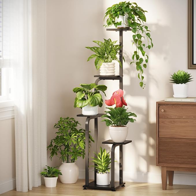 LASZOLA 5 Tiered Plant Stand Tall for Indoor Corner, Modern Multiple Flower Display Rack with Wooden Tray, Vertical Planter Shelf for Living Room Bedroom Patio Garden Balcony, Black
