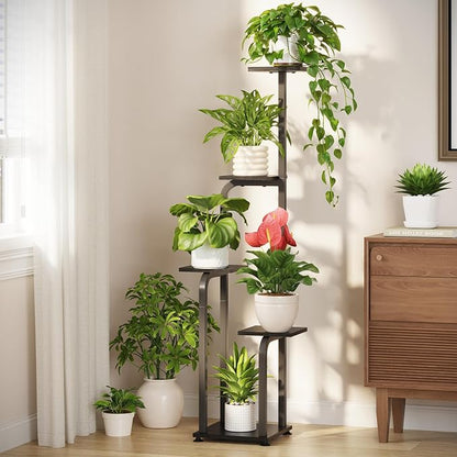 LASZOLA 5 Tiered Plant Stand Tall for Indoor Corner, Modern Multiple Flower Display Rack with Wooden Tray, Vertical Planter Shelf for Living Room Bedroom Patio Garden Balcony, Black